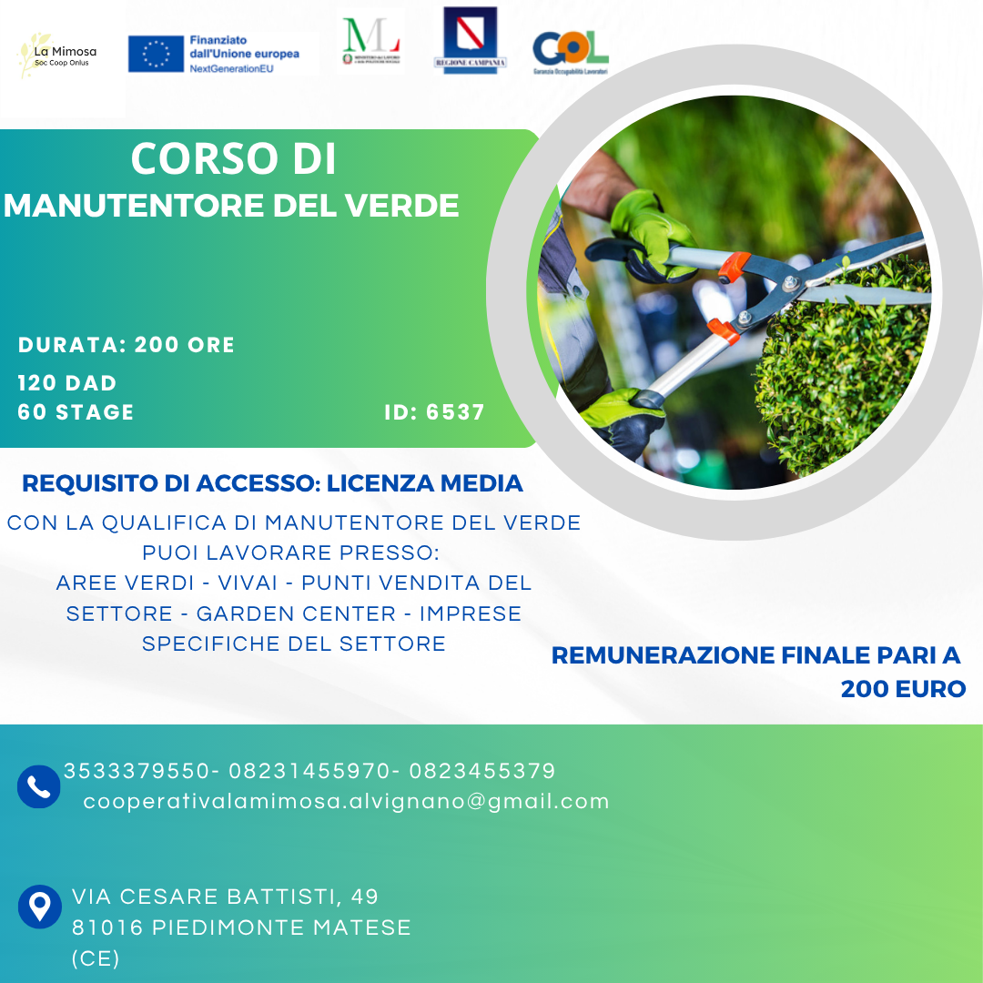 Locandina corso Manutentore del Verde - La Mimosa Onlus