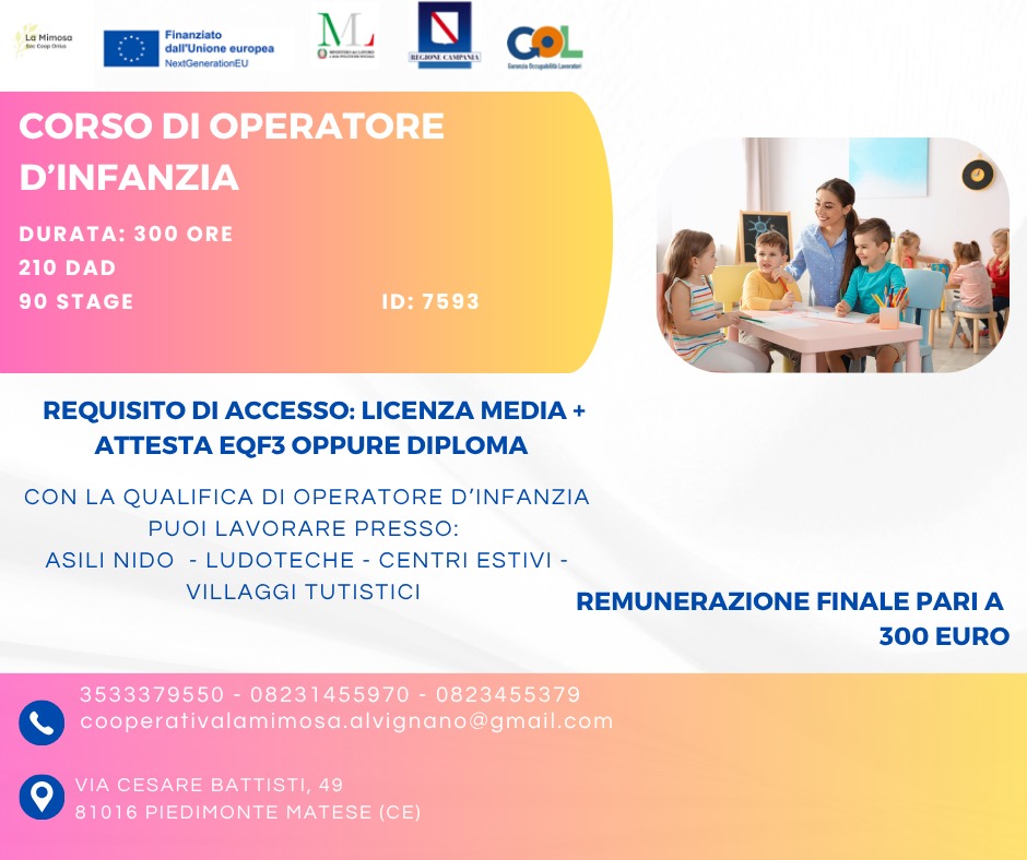 Locandina corso O.P.I. - Operatore per l'Infanzia - La Mimosa Onlus
